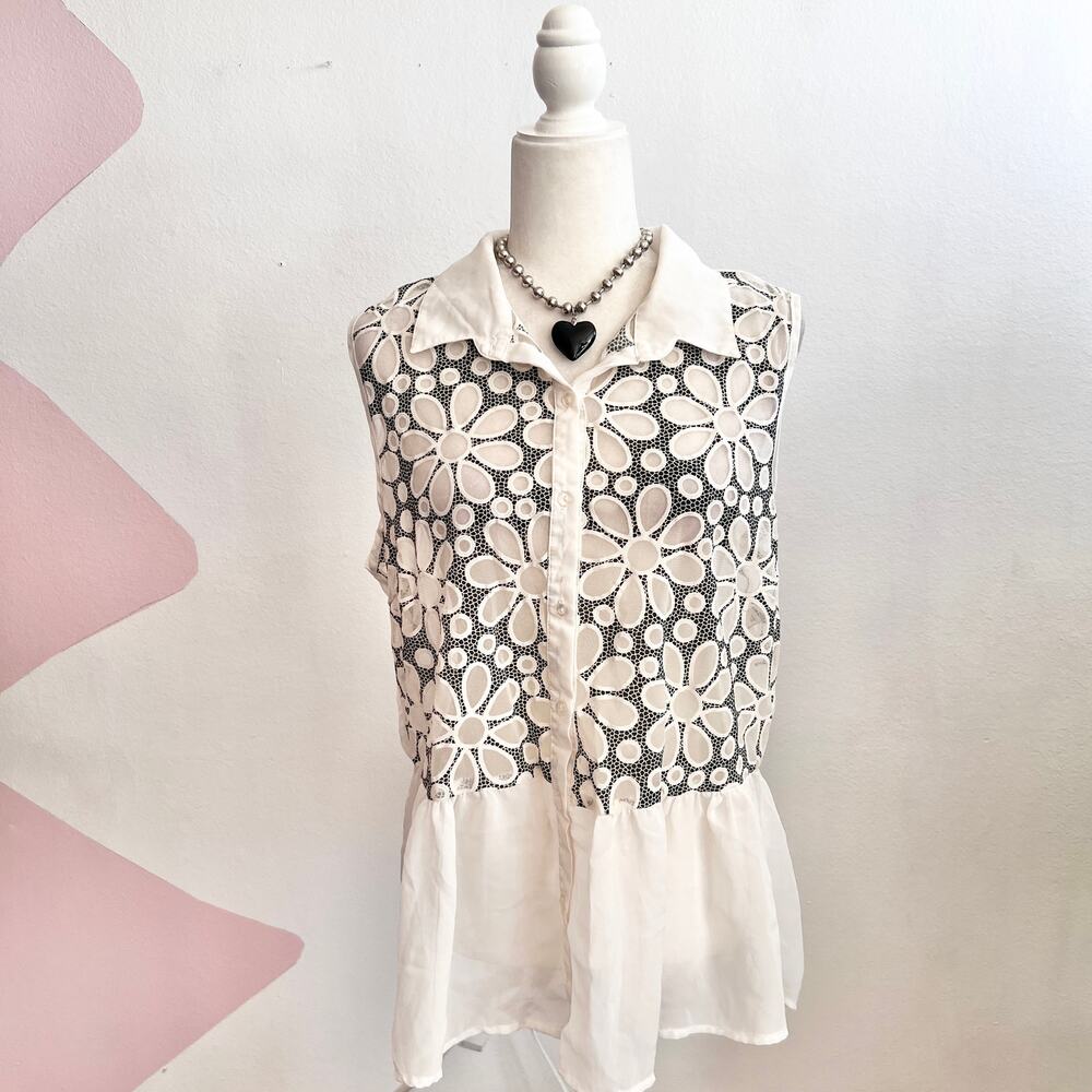 White 3D Flower Mesh‎ Sheer Top Y2K Fairycore Coquette Bridal XL